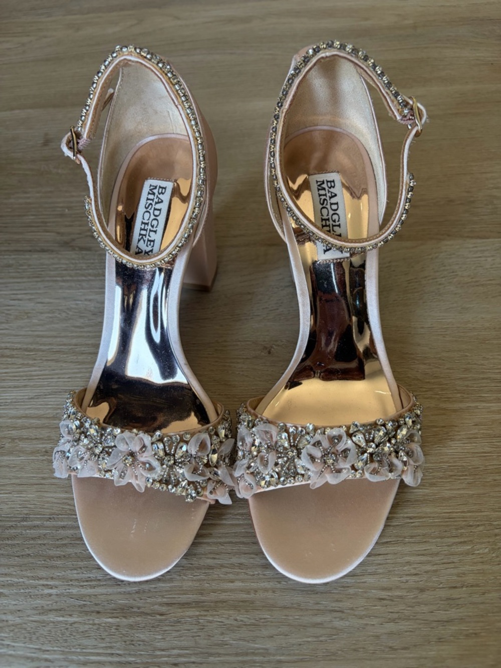 Badgley Mischka Blush Embellished Block Heel Sandals